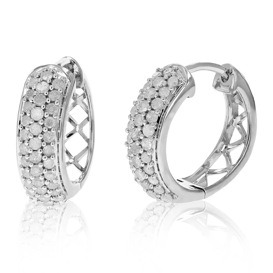 1 ct Diamond Hoop Earrings for Women in .925 Sterling Silver Three Row 3/4 Inch - Image 3 of 4