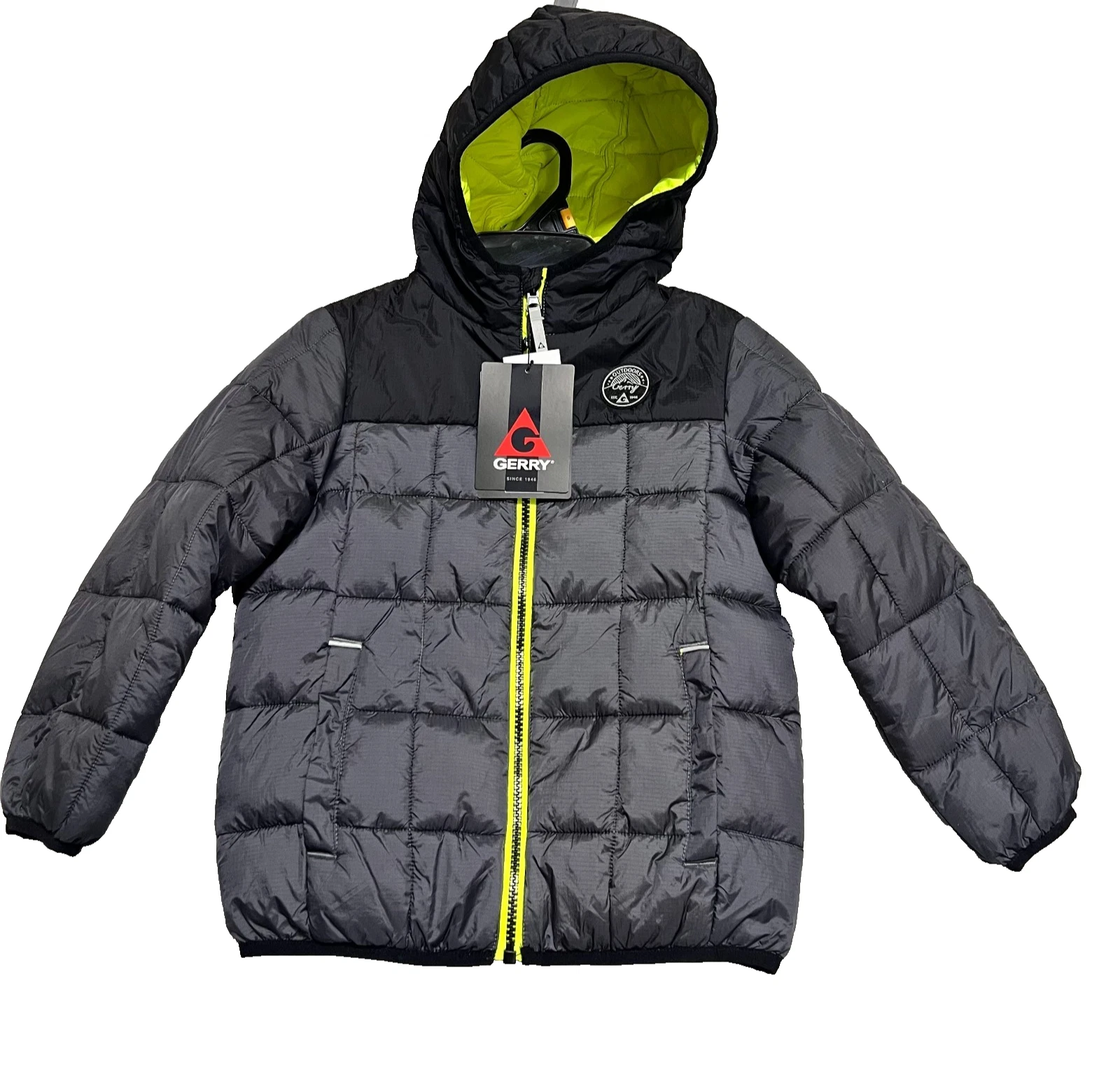Gerry Torque Puffer Jacket Full-Zip Lightweight Hooded Boys XS Gray Black NWT
