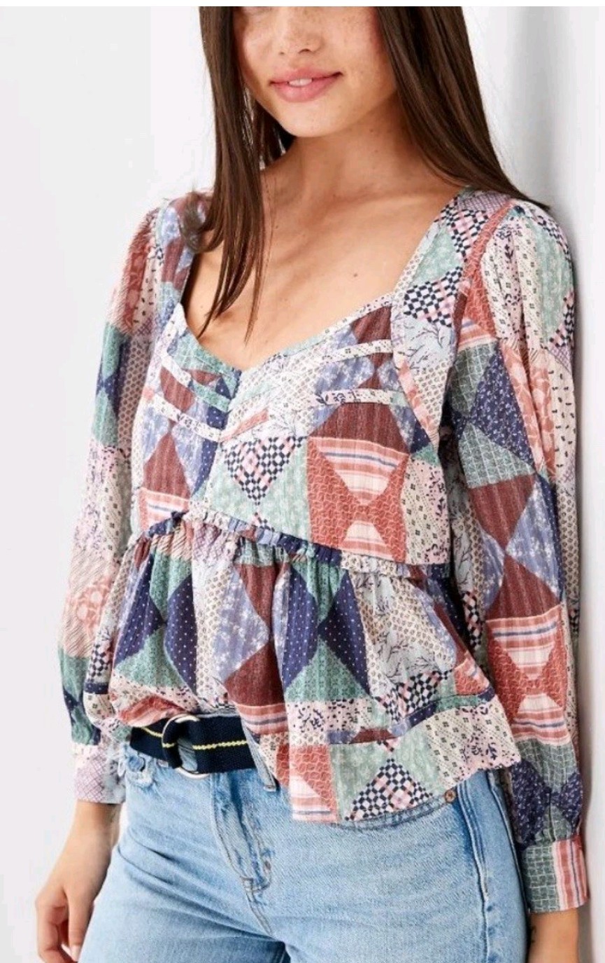 American Eagle Mixed Pattern Patchwork Babydoll T… - image 1