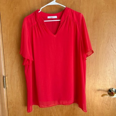 Marybelle Red Blouse 1X Flutter Sleeve V-Neck Lightweight Made in USA