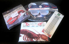 NWT Lot of 4 Lobster Seafood Party Pack 8 Bibs /24 Napkins/Platters/Ramkins/Pic