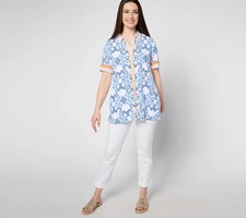 Susan Graver Womens Tunic Small Rayon Woven Button Front Floral Bohemian Casual