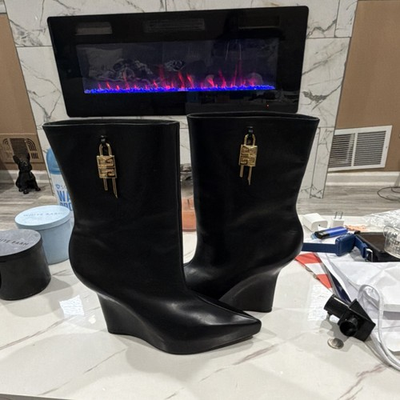 #ad Givenchy Black G Lock Shark Logo Charm Gold Leather Wedge Bootie Women $300.00