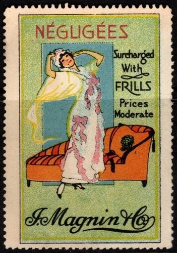 Vintage USA Poster Briefmarke. Magnin & Co. Négligées. Aufpreis mit Schnickschnack. Preise