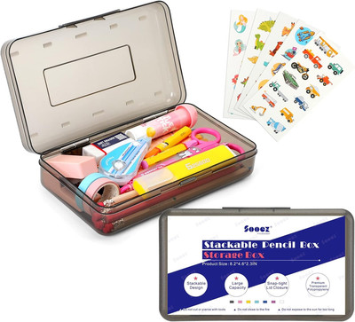 1 Pack Clear Pencil Box, Plastic Hard Pencil Case with Stickers, Large Crayon Bo