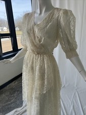 Vintage Wedding Dress 1980's Ivory Lace Satin Side Buttons