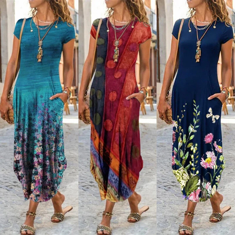 Womens Holiday Boho Dress Ladies Summer Beach Long Maxi Dress Sundress Plus  Size