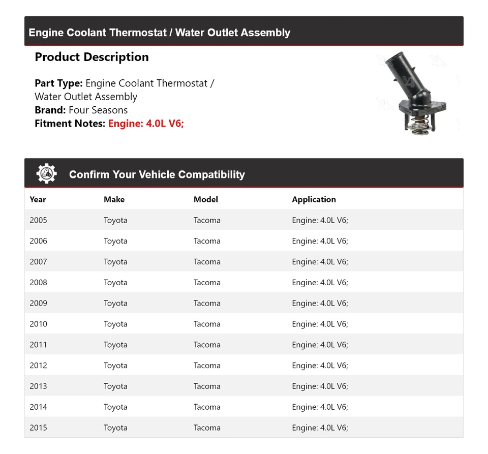 Termostato de refrigerante del motor Toyota Tacoma 05-15/conjunto de salida de agua 4 estaciones Foto 2 de 4