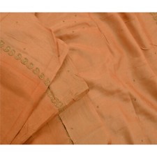 Sanskriti Vintage Indian Sarees Pure Silk Hand Embroidered Peach 5Yd Fabric Sari