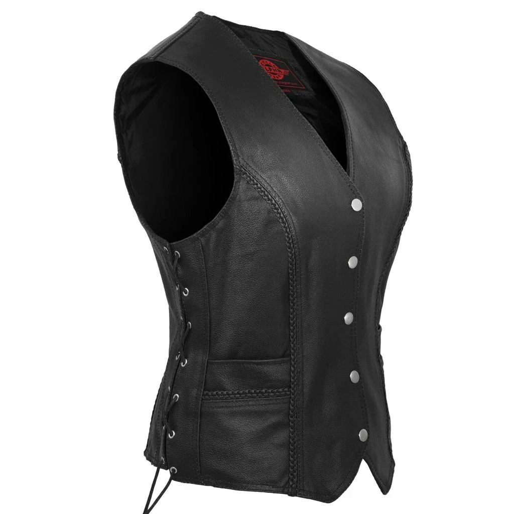 Cowhide Leather Motorcycle Vest Women Riding Club Black Biker