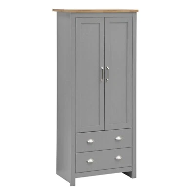 Wardrobe Bedroom Furniture 2 Door 2 Drawers Bedroom Storage Hanging Bar Grey