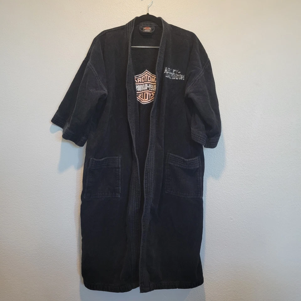 Bata de rizo de baño negra Harley Davidson con logotipo bordado 100 % algodón - talla única Foto 2 de 4
