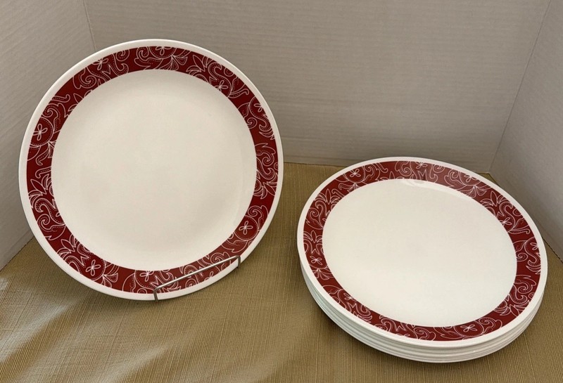 Corelle Bandhani 10.25" Dinner Plates Red & White Floral Band On White Set Of 10