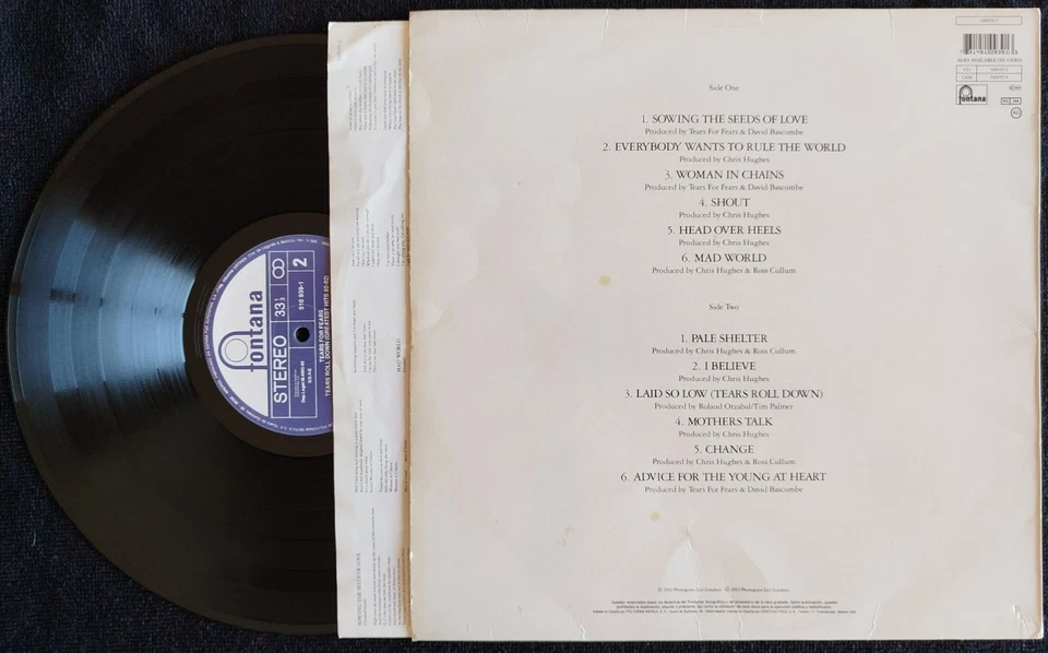 TEARS FOR FEARS " TEARS ROLL DOWN (GREATEST HITS 82 - 92) " SPANISH ISSUE LP - Image 2 of 4