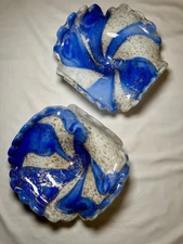 2 Vintage Murano ? Italian Art Glass Blue White Gold Bowl Candy Dish Ruffle Edge