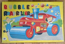 Vintage Toy Tinplate Battery-Operated Bubble Blowing Road Roller, MT Japan MIB