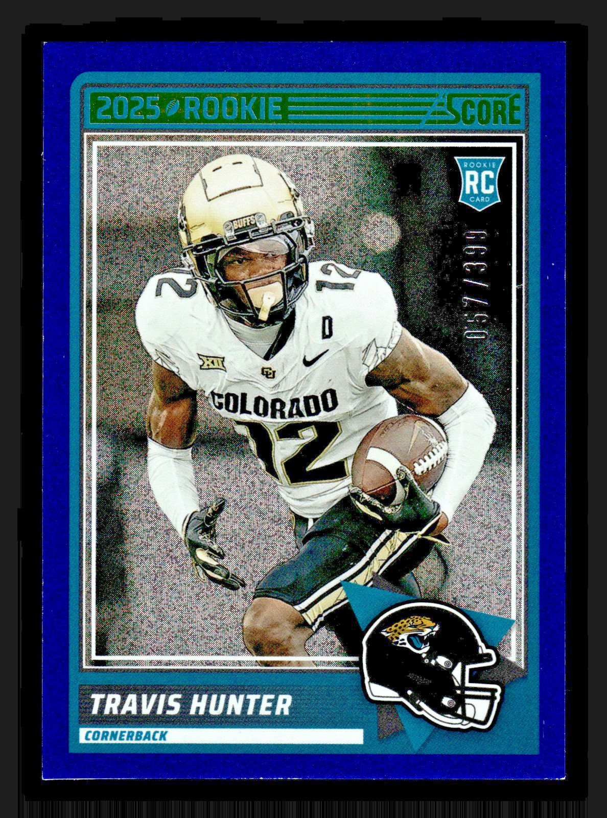 TRAVIS HUNTER 2025 Panini Score NFL #20 Rookie Card Dots Blue SP RC /399 Jaguars