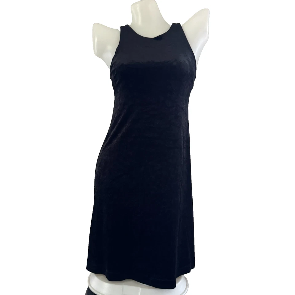 Mini Vestido sin Mangas Vintage Años 90 BETSEY JOHNSON Negro ELASTIZADO Terciopelo Aplastado LBD S Foto 2 de 4