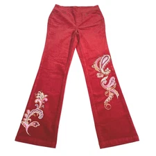 DG2 Diane Gilman Burgundy Embroidered Paisley Suede Pants Trousers Sz 10 Y2K