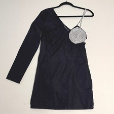 PrettyLittleThing Black One Sleeve Dress Rhinestone Detail New Eve Years Party