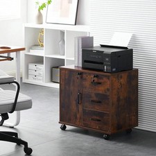 Brown Office Filing Cabinet File Drawers Wheels Mobile Printer Stand Wooden New