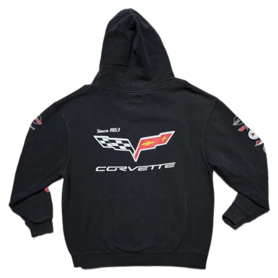 Y2K Chevy Corvette Mens 2XL Full Zip Hoodie Double Sided Black VTG - Image 3 of 4