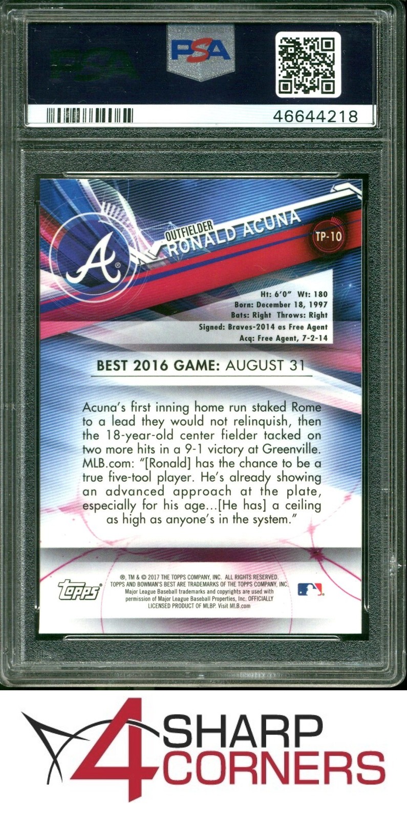 2017 BOWMAN'S BEST TOP PROSPECTS #TP-10 RONALD ACUNA JR. RC PSA 10 view 2