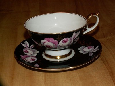 1940s Royal Bayreuth China Germany US Zone Tea Cup & Saucer Black, Gold w/Roses