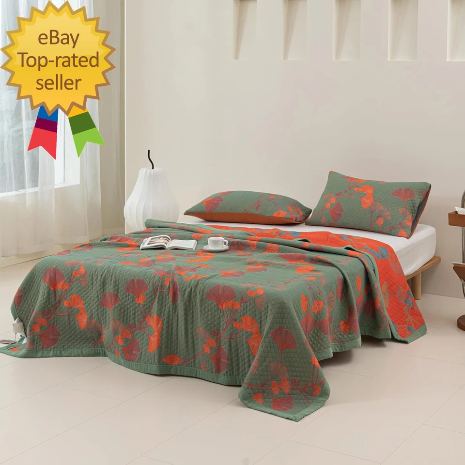 Manta de Muselina 100% Algodón Jacquard Verde Naranja Floral Hojas de Ginkgo Edredón Foto 4 de 4