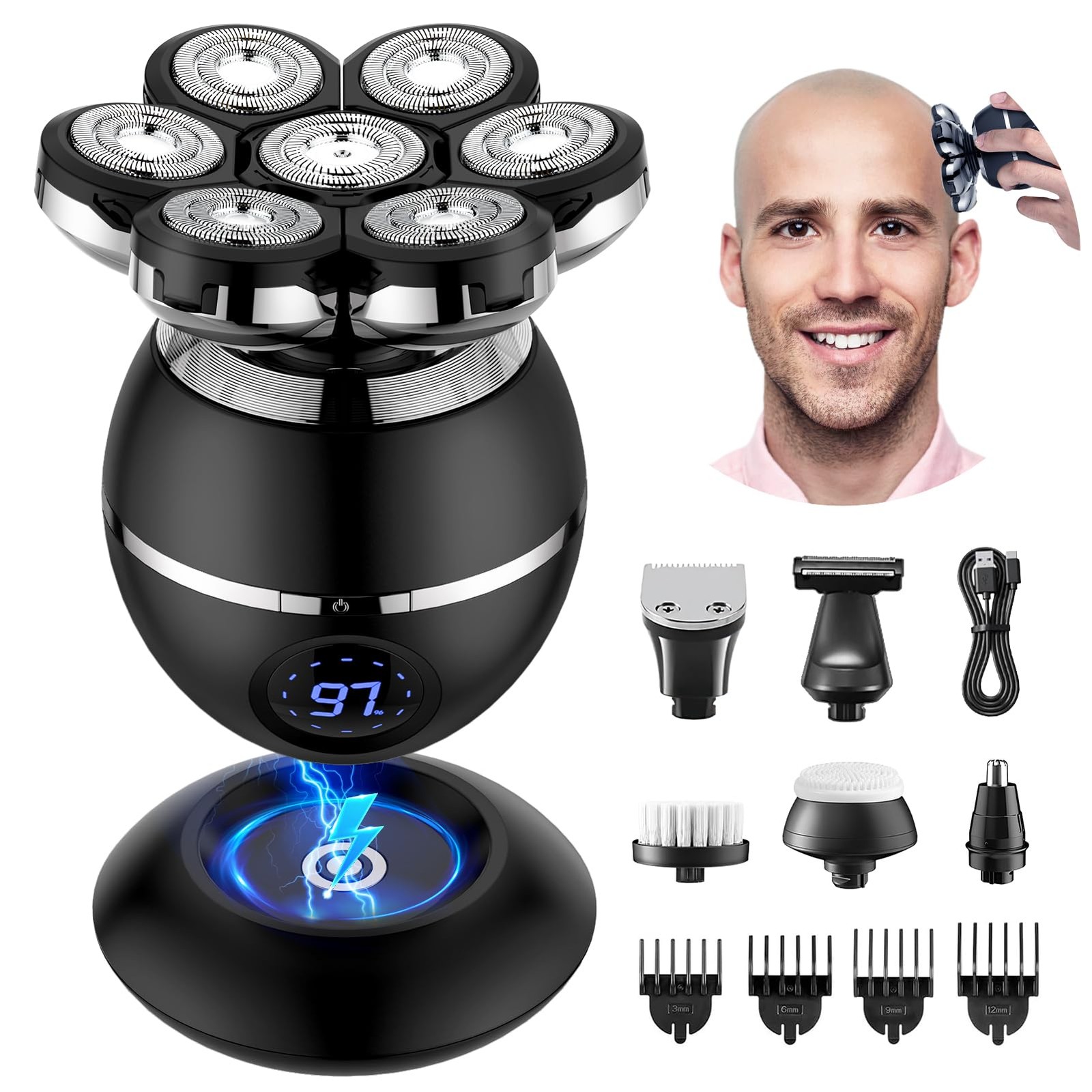 Rasoio Testa Calva ETENTOUS 7D - Kit Elettrico 6 in 1 Impermeabile