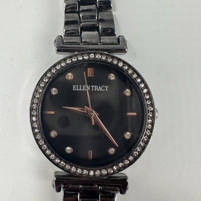 Ellen Tracy Watch Women Black Round Dial Crystal Bezel New Battery 7.75''