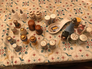 8 SETS OF ASSORTED SALT AND PEPPERS I SPOON REST AND 7 SINGLE SHAKERS