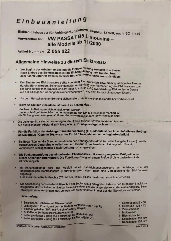 Originale VW Passat B5 elettrico kit di montaggio ganci di traino 13 poli Z055022 - Immagine 2 di 3
