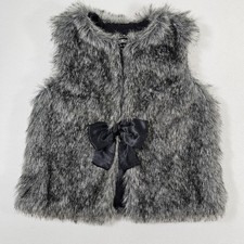 Genuine Kids OSHKOSH Gray Faux Fur Vest Black Bow Snap Satin Lined Size 2T S/P