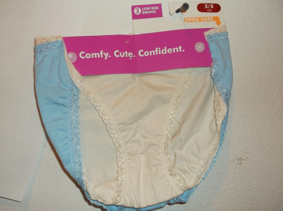 NUEVO PAR DE BRAGAS DE BIKINI PARA DAMA FRUIT OF THE LOOM AZUL Y ENCAJE RIBETE CINTURA Foto 3 de 3