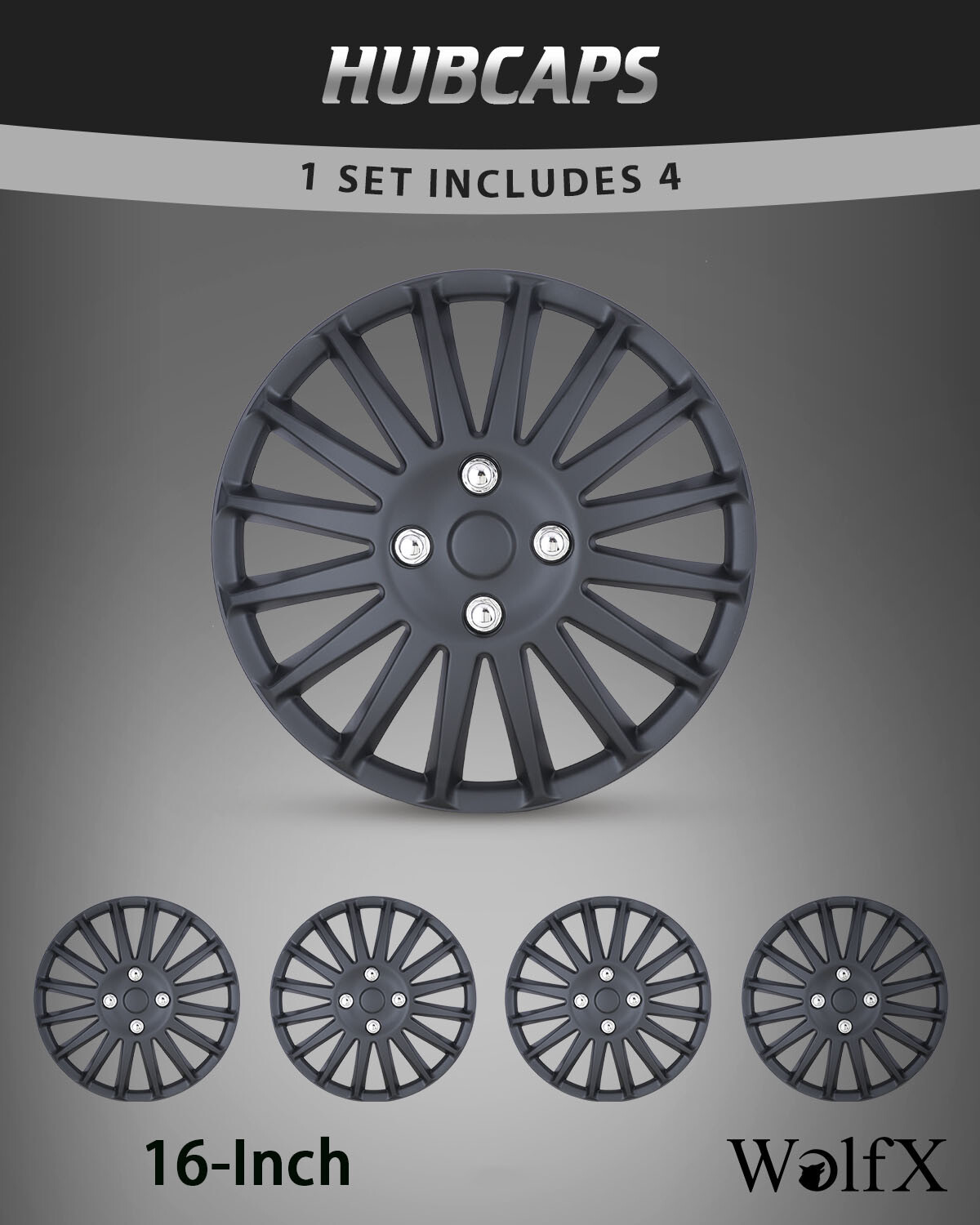 16” Set of 4 Wheel Covers Snap On Matte Black Hub Caps For R16 Tire Steel Wheels
