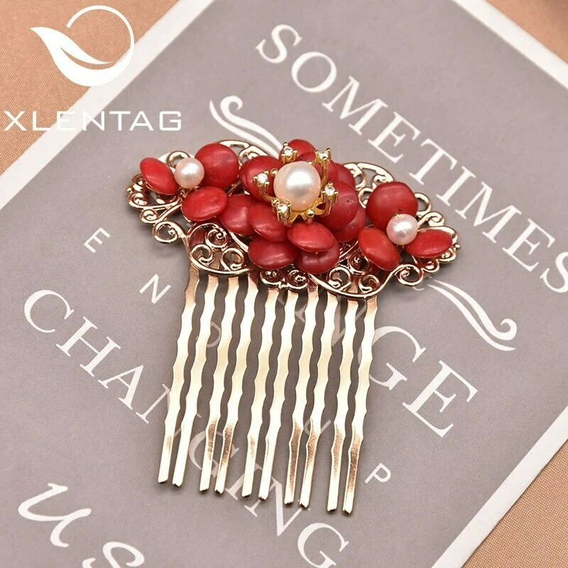 Xlentag Handmade Natural Freshwater Pearl Coral Flower Hair Comb For Ladies Wedd - Image 3 of 4