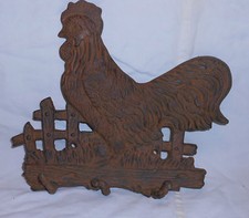 CAST IRON RUST FINISH ROOSTER/CHICKEN COAT HOOK 3 HOOKS