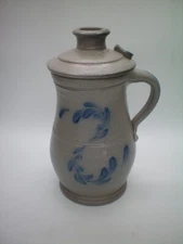 Rowe Pottery Works Salt Glazed Storm Jug with Handle Blue Leaf Design 2000
