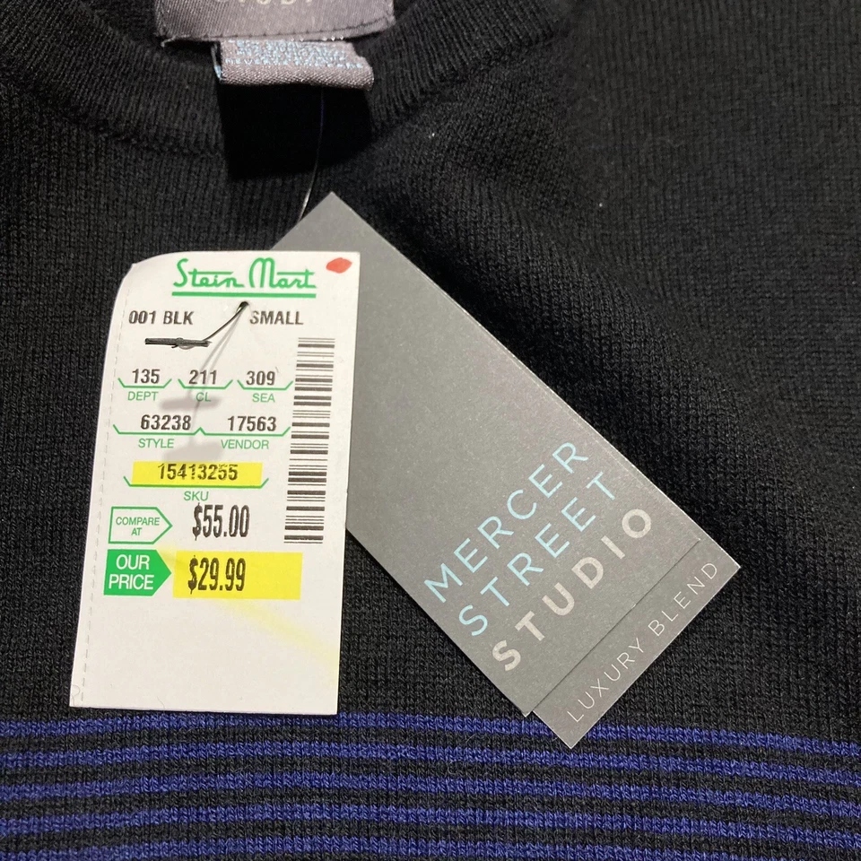 Nueva con etiquetas Camiseta Mercer Street Studio Negra y Azul Rayas Elegante Manga Larga Talla S Foto 4 de 4