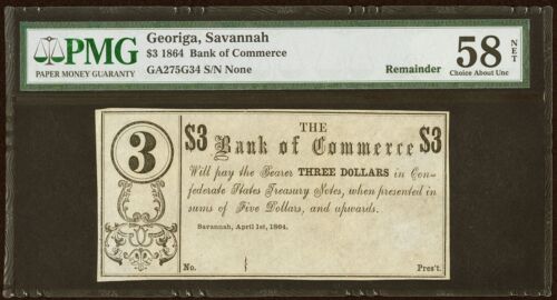 Savannah, GA - Bank of Commerce $3 Apr. 1, 1864 G34 Remainder PMG Choice AU 58 - Picture 1 of 2