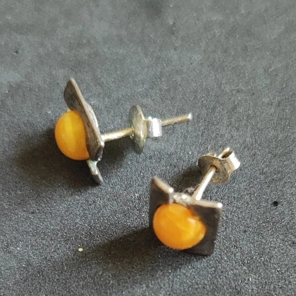 Pendientes ANTIGUO ÁMBAR BÁLTICO NATURAL YEMA DE HUEVO plata 925 Letonia 1920 Foto 4 de 4