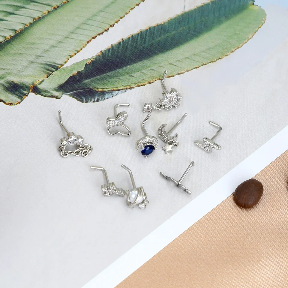 9 piezas tachuelas para nariz con flexión en L acero quirúrgico anillo para nariz cadena/luna circonita cúbica nariz labio piercing Foto 4 de 4