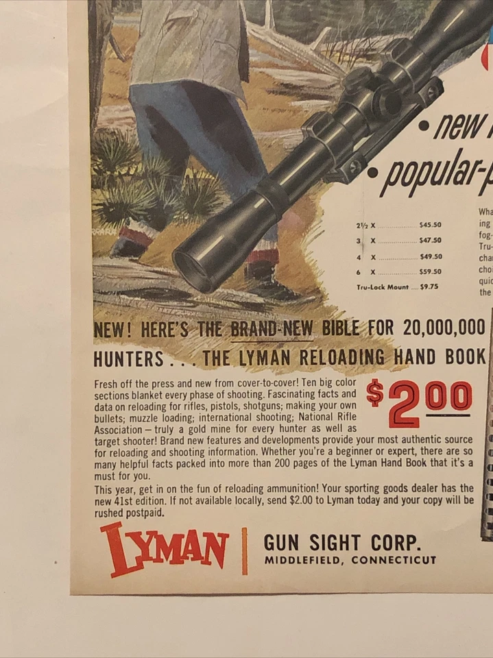 Mira telescópica Lyman Gun 1957 anuncio impreso con montaje Tru-Lock de colección años 50 Middlefield CT Foto 4 de 4