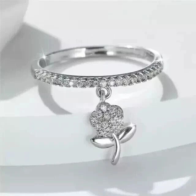 Round Cut Simulated Diamond Gorgeous Dangle Flower Ring In 14k White Gold Plated - Image 3 of 4