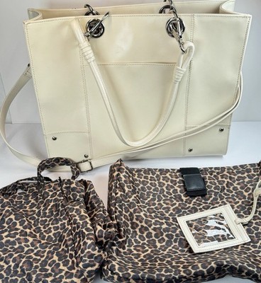 Wilsons Leather Carry All Cream Tote Bag Leopard Print Inserts & Accessories VTG