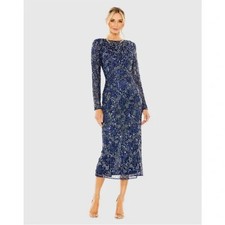 Mac Duggal 5988 Midnight Blue High Neck Long Sleeve Embellished Dress 4 NWOT