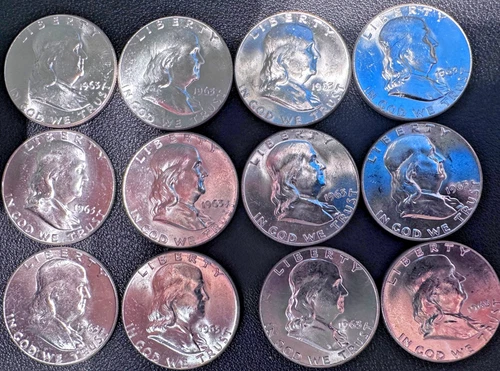 Lot of 12 Franklin Half Dollars all 1963 BU Coins 90% Silver $6.00 Face