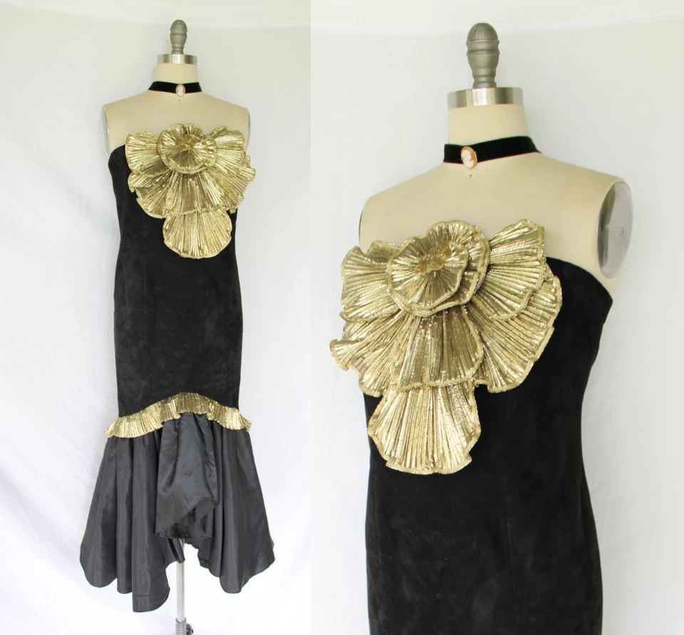 Vestido reloj de arena vintage años 80 disco gamuza cuero dorado cojo sirena sin tirantes Foto 2 de 4