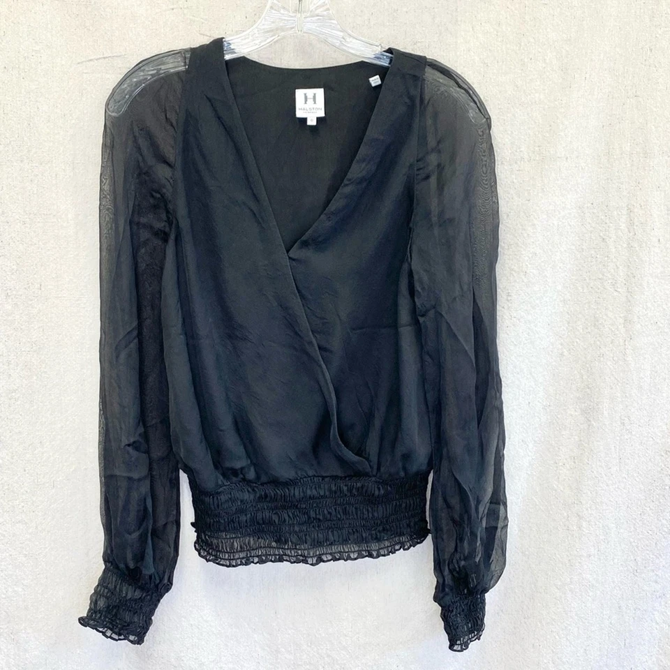 Halston Heritage Top campesino sobrepelliz de seda negro con banda/puños ajustados talla 0 Foto 2 de 4